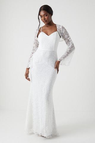 Product Sequin Lace Wedding Dress With Bolero ivory
