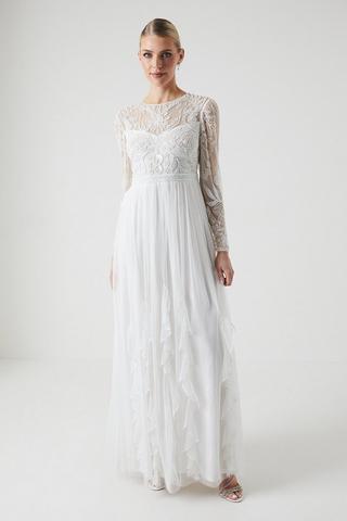 Product Ruffle Mesh And Embellished Wedding Dress ivory