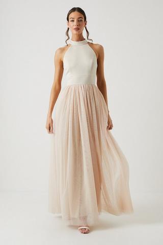 Product Satin Bodice Tulle Skirt Maxi Bridesmaids Dress champagne