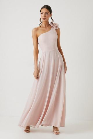 Product Shimmer Chiffon Corsage One Shoulder Bridesmaids Dress blush