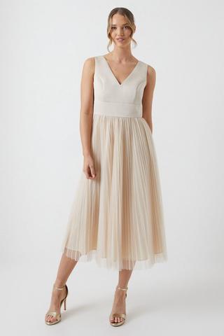 Product Satin Bodice Tulle Skirt Midi Bridesmaids Dress champagne
