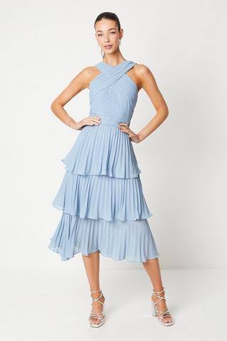 Product Pleated Bodice Chiffon Tiered Midi Dress blue