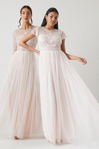 Product Baroque Embellished Angel Sleeve Two In One Bridesmaids Dress blush