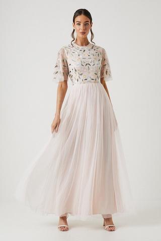 Product Wildflower Embroidered Top Mesh Skirt Bridesmaids Dress blush