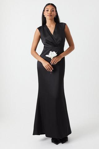 Product Wrap Top Cap Sleeve Satin Bridesmaids Dress black