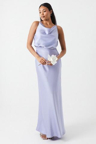 Product Cowl Neck Blouson Satin Bridesmaids Dress lavender