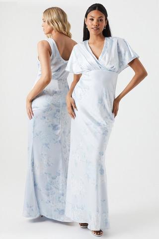 Product Printed Batwing Sleeve Satin Bridesmaids Maxi Dress blue