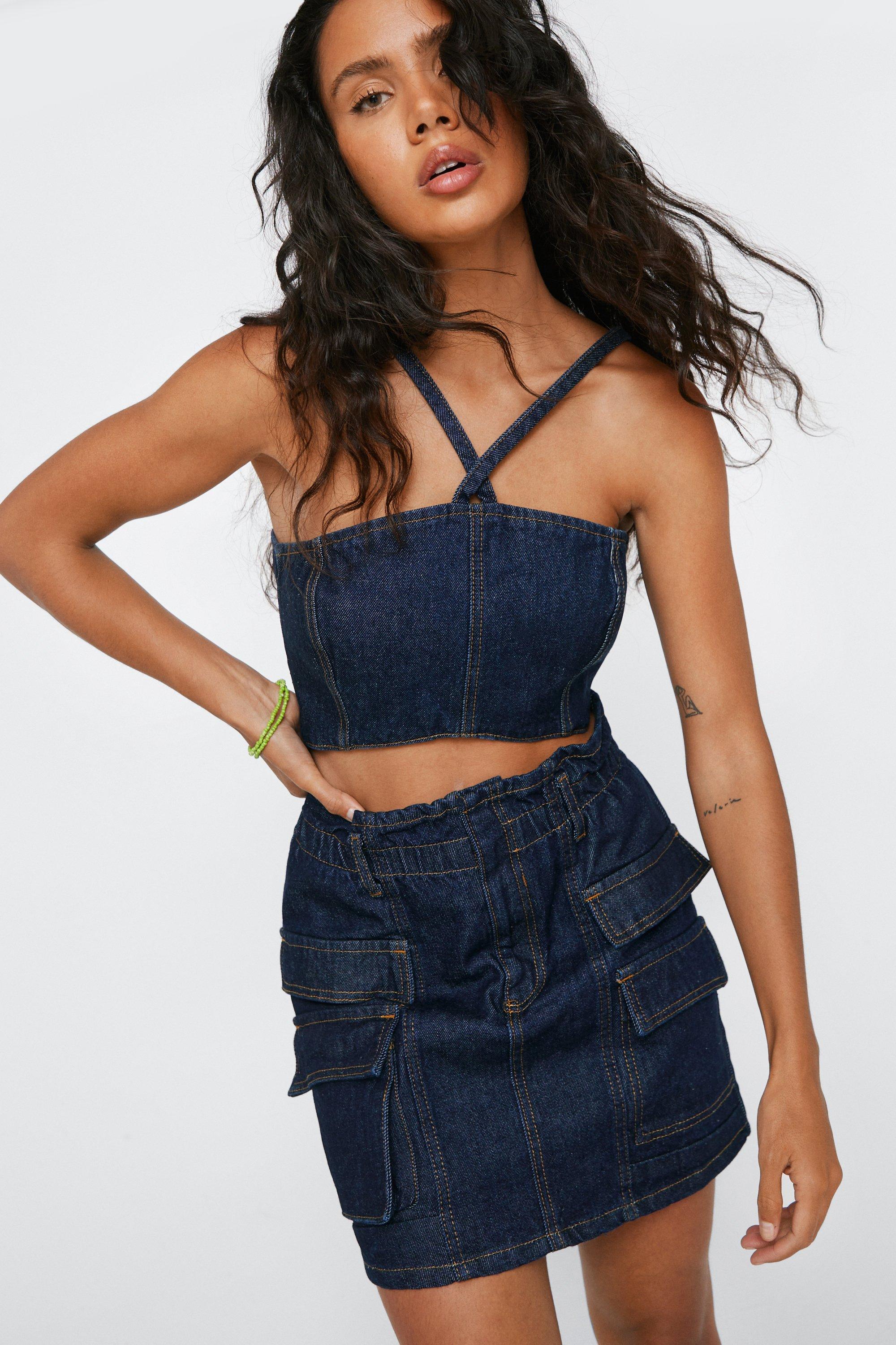 Paperbag Denim Cargo Mini Skirt