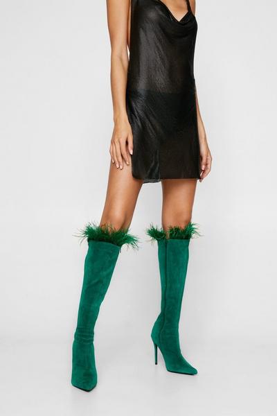 Faux Leather Feather Trim Knee High Boots