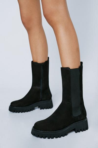 Real Leather Chunky Longline Chelsea Boots