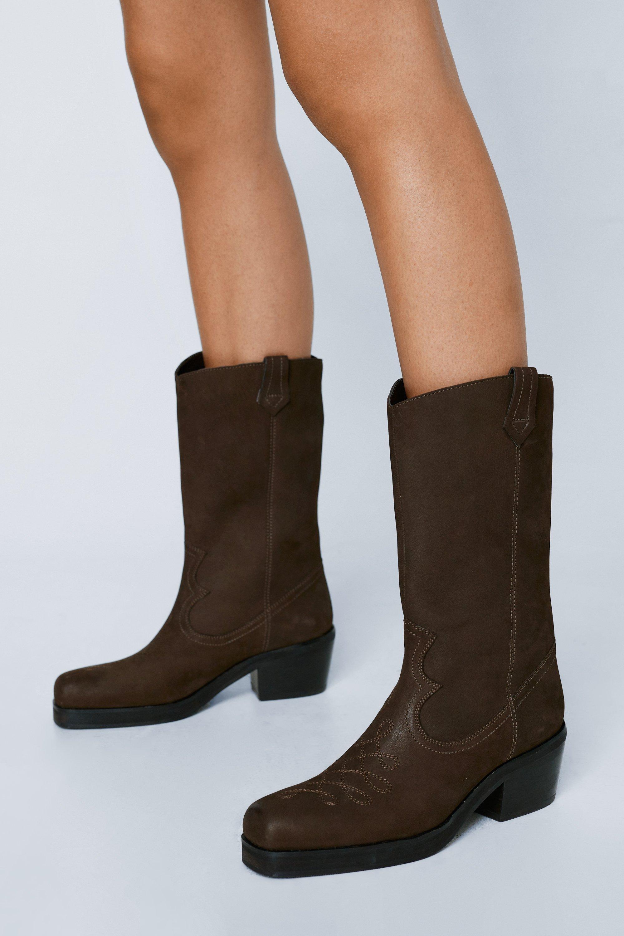 NastyGal Women's Real Leather Square Toe Western Boot|Size: 3|brown