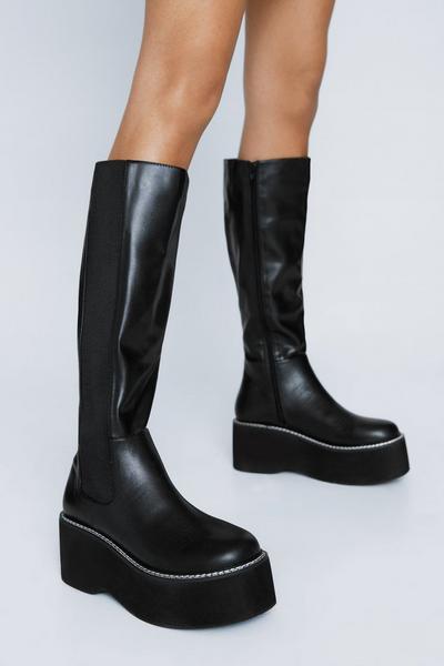 Faux Leather Wedge Knee High Chelsea Boots