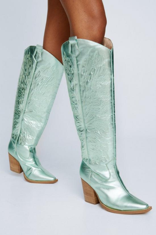 NastyGal Leather Metallic Butterfly Embroidery Knee High Cowboy Boots 1