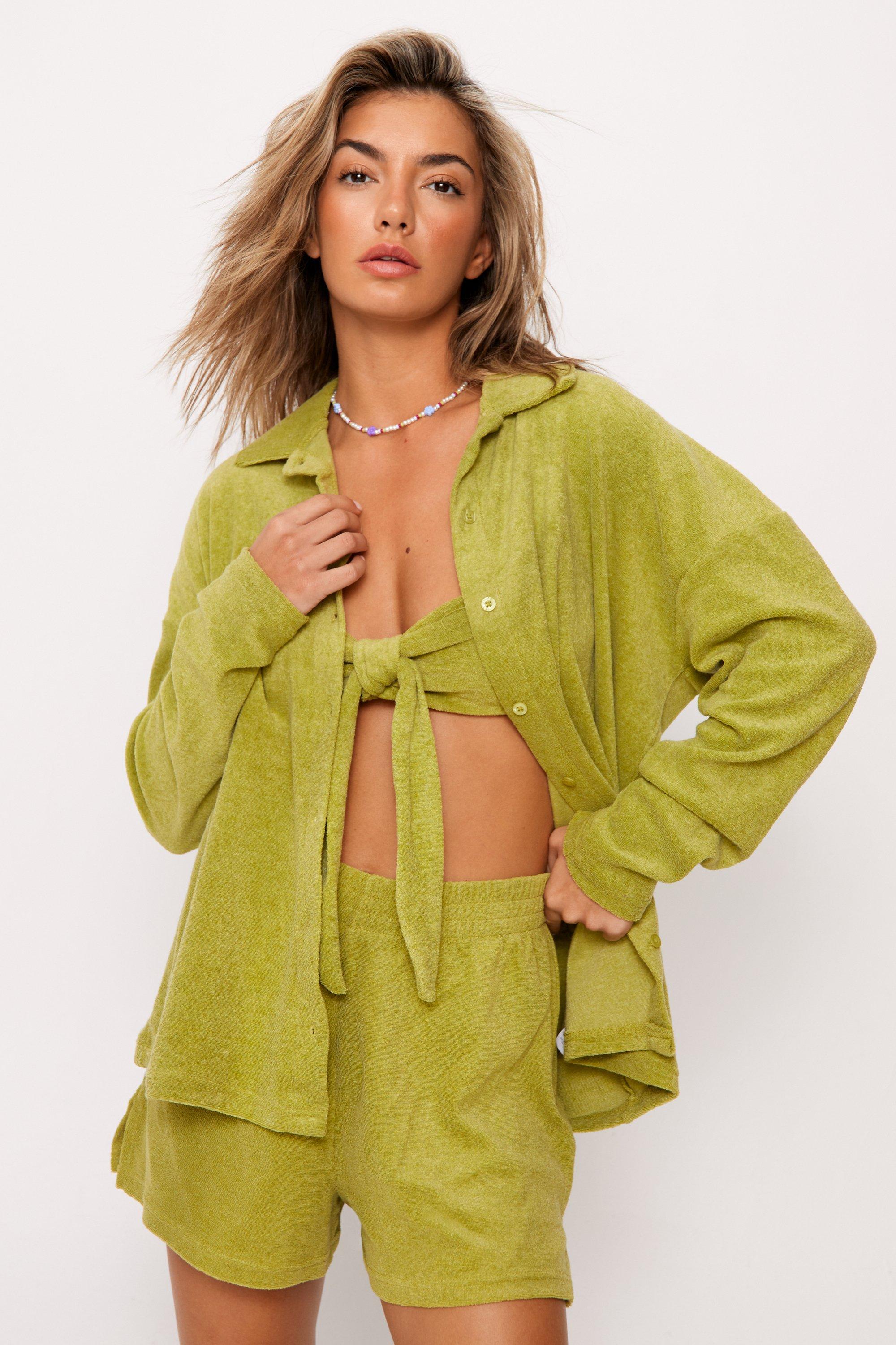 Towelling Tie Front Bralette And Shirt 3pc Shorts Set