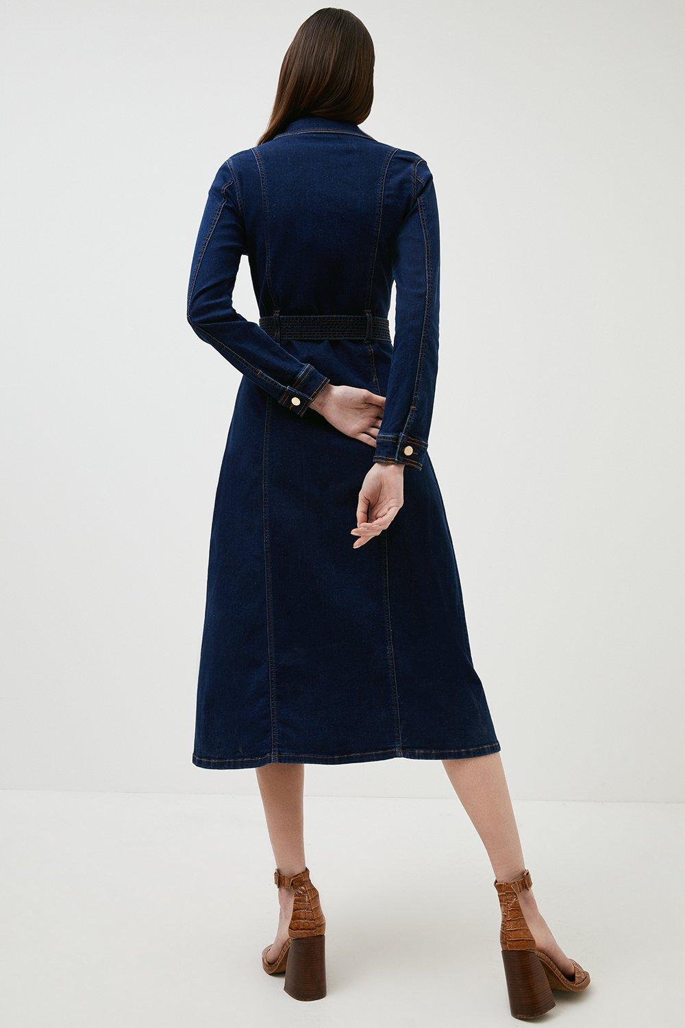 Tailored Denim Belted Midi Shirt Dress | Karen Millen