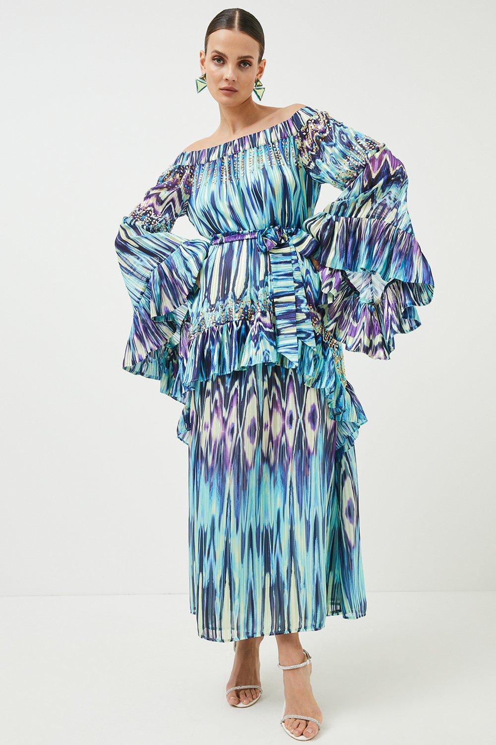 Tie Dye Studded Woven Bardot Drama Maxi Kimono