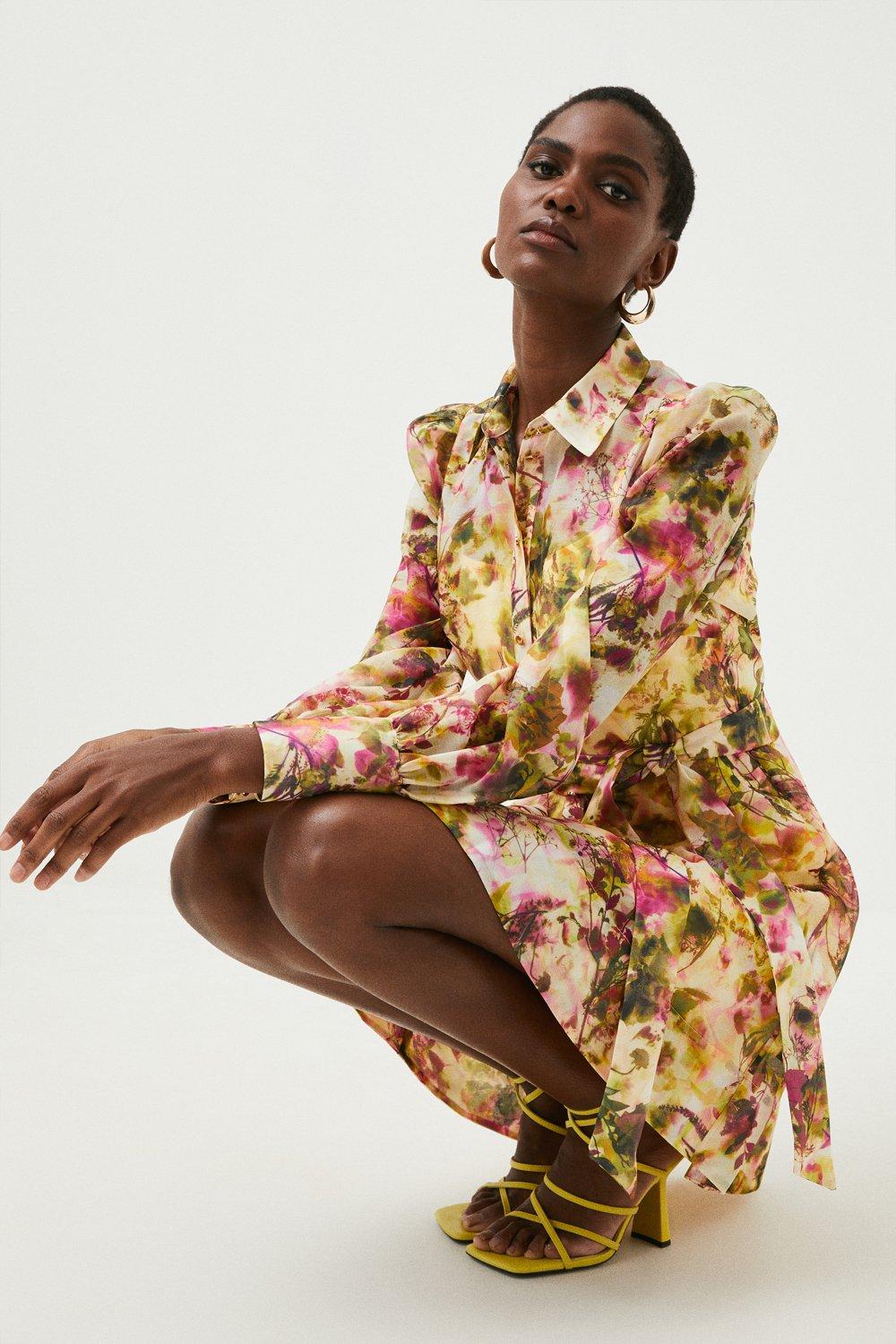 Dresses | Floral Organdie Woven Short Mini Shirt Dress | KarenMillen