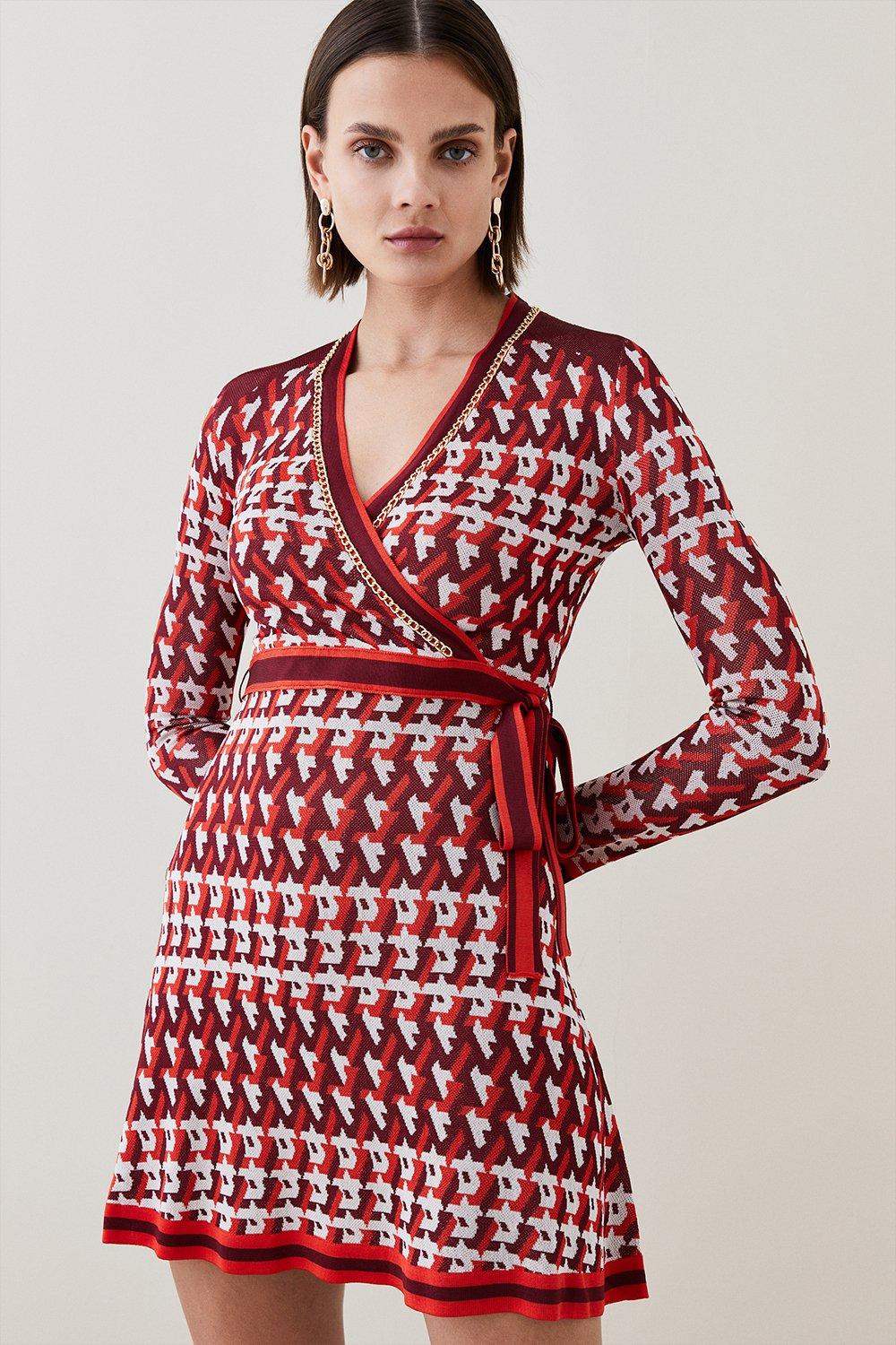 Geo Knit Jacquard Wrap Mini Dress