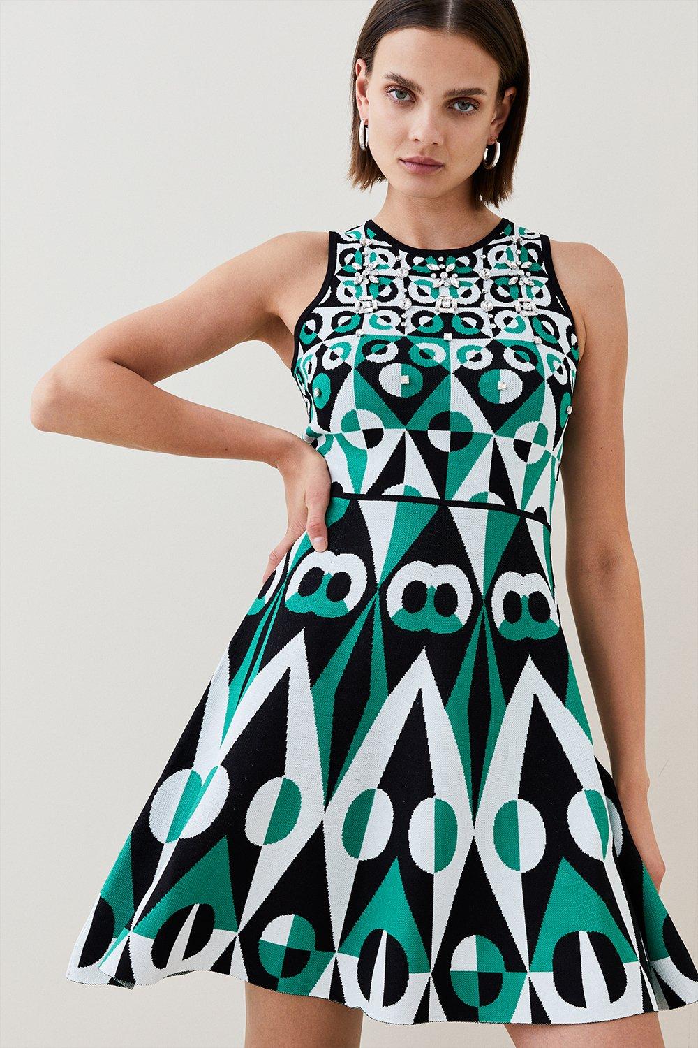 Embellished Geo Jacquard Swing Mini Dress