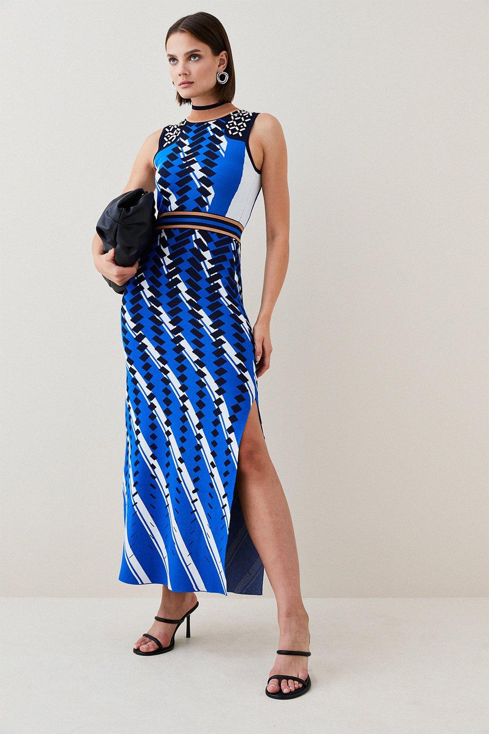 Embellished Sporty Jacquard Knit Column Maxi Dress