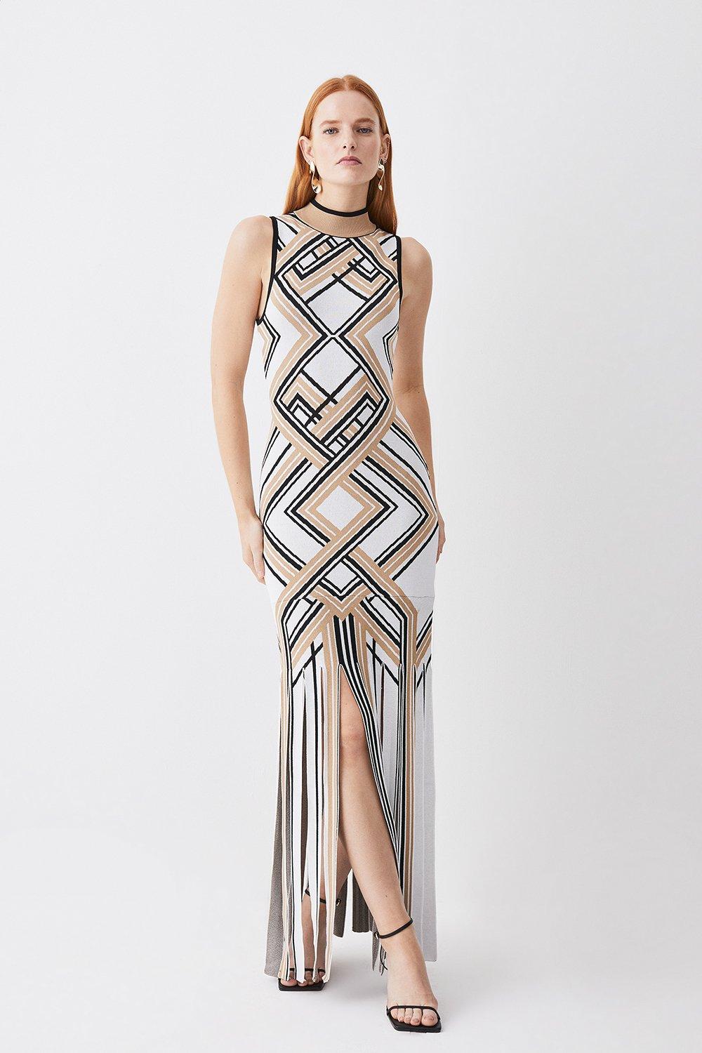 Sliced Hem Placement Stripe Knit Jacquard Maxi Dress