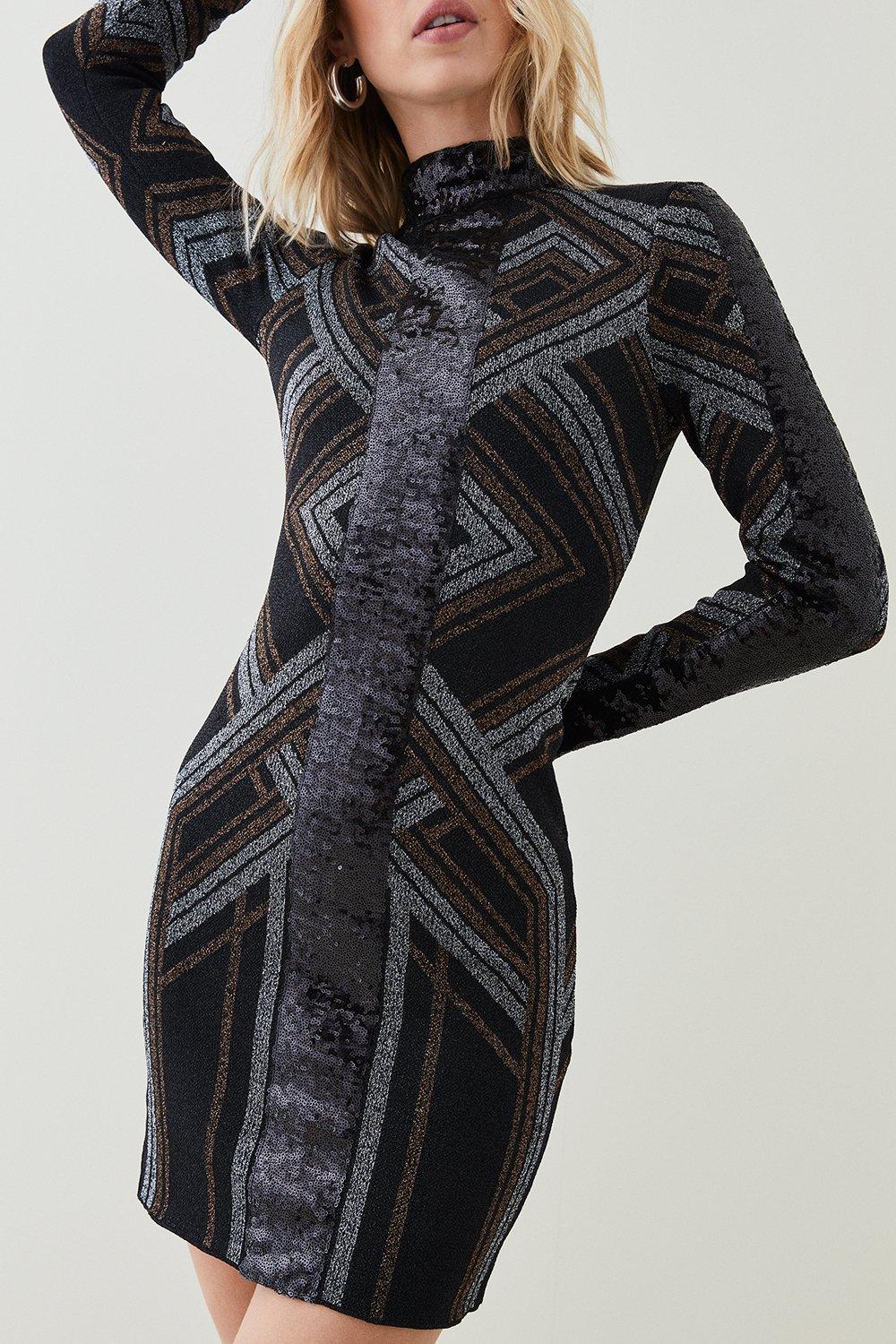 Sparkle Jacquard Sequin Panel Knit Mini Dress