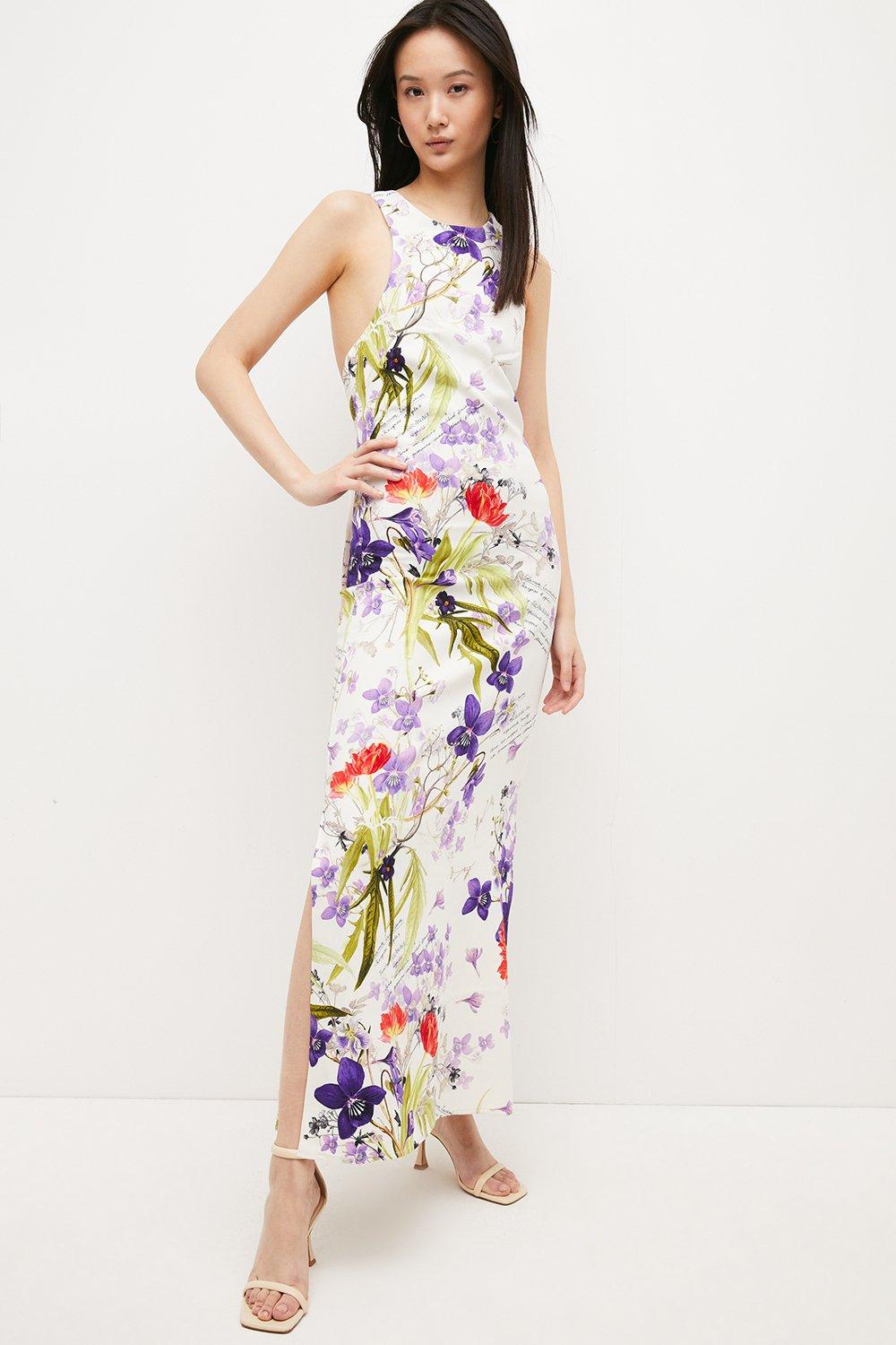 Scattering Viola and Tulipa Floral Compact Viscose Cross Back Maxi