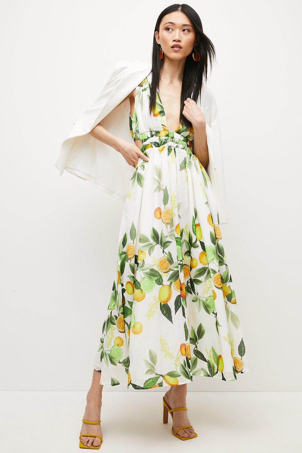 Dresses | Petite Silk Cotton Sicilian Citrus Maxi Dress | KarenMillen