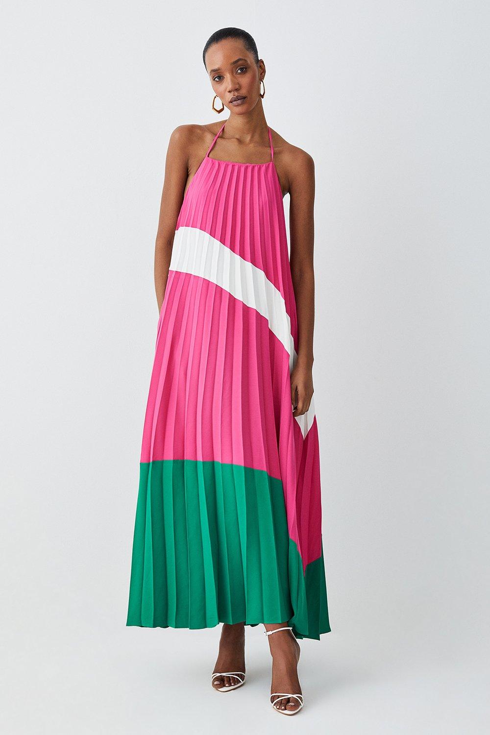 Soft Tailored Pleated Halter Neck Maxi Dress