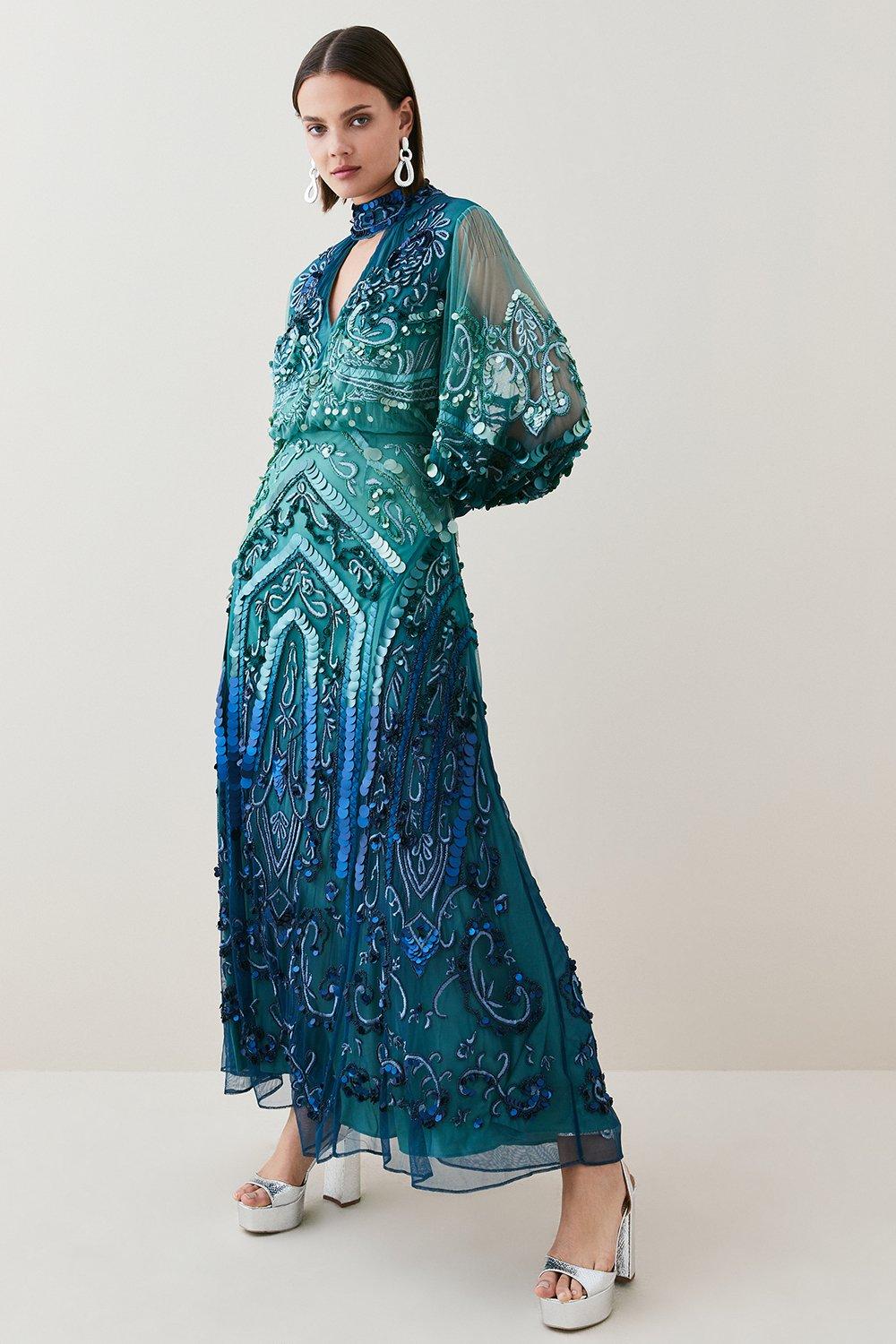 ombre sequin and embroidered maxi dress