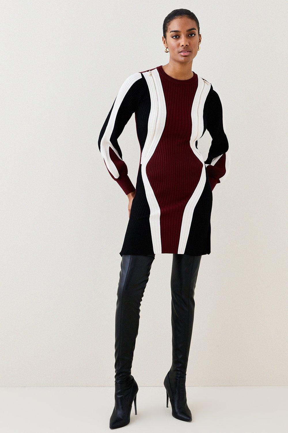 Viscose Blend Contoured Zip Detail Colour Block Knit Mini Dress