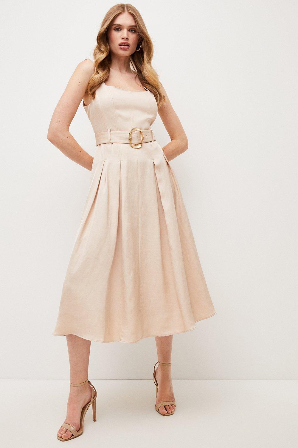 Premium Polished Linen Belted Pleat Tailored Midi Dress