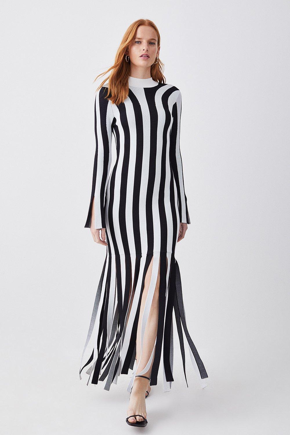 Stripe Shredded Hem Jacquard Maxi Column Dress