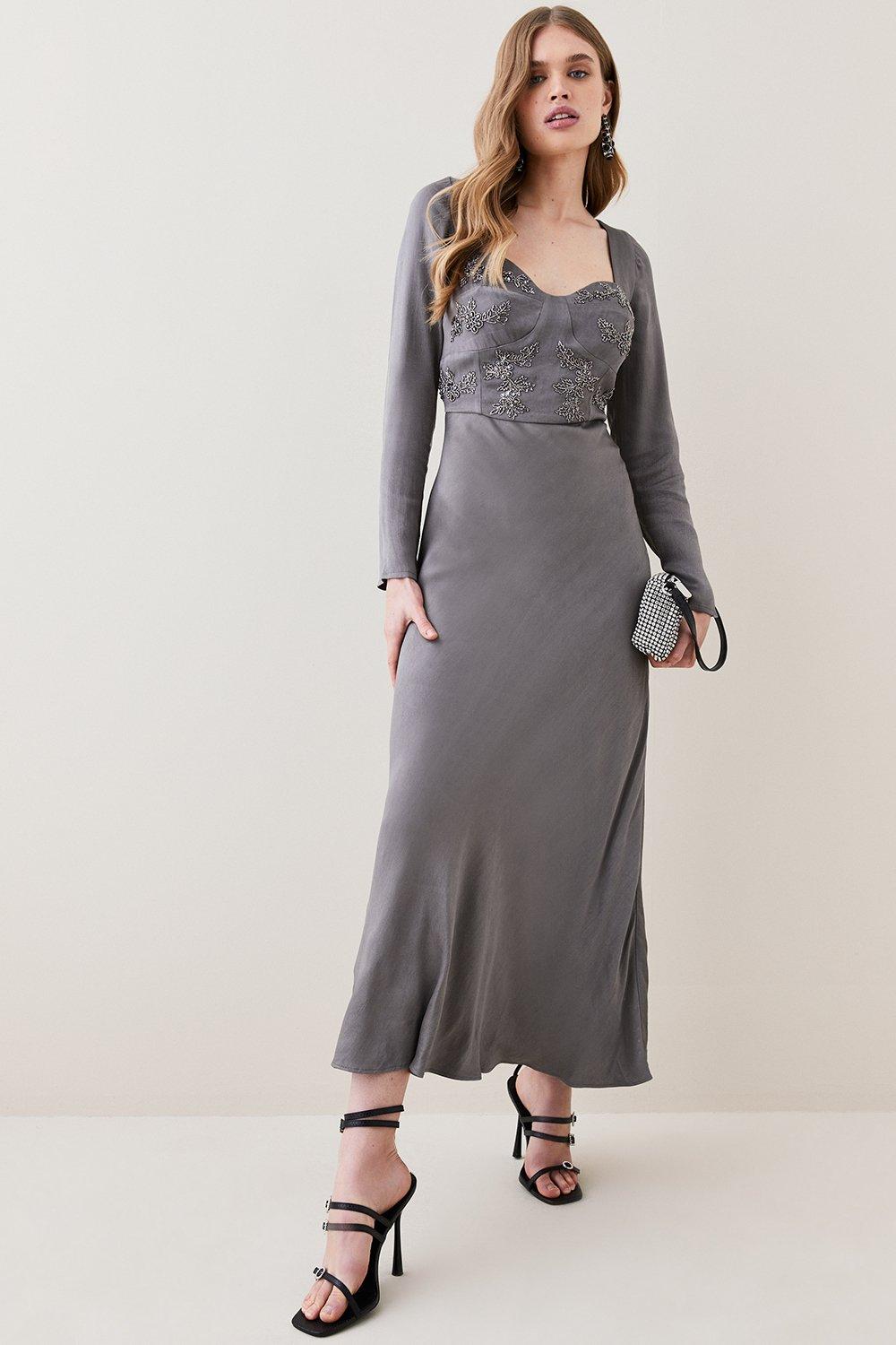 Satin Embellished Long Sleeve Midi Dress