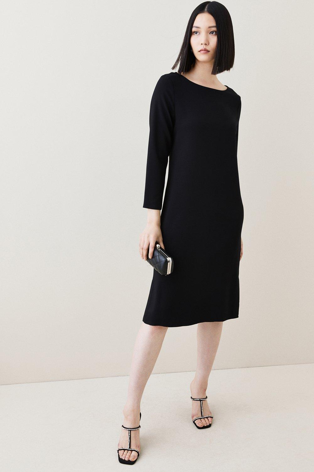 Compact Stretch Viscose Sleeved Clean Tailored Midi Dress