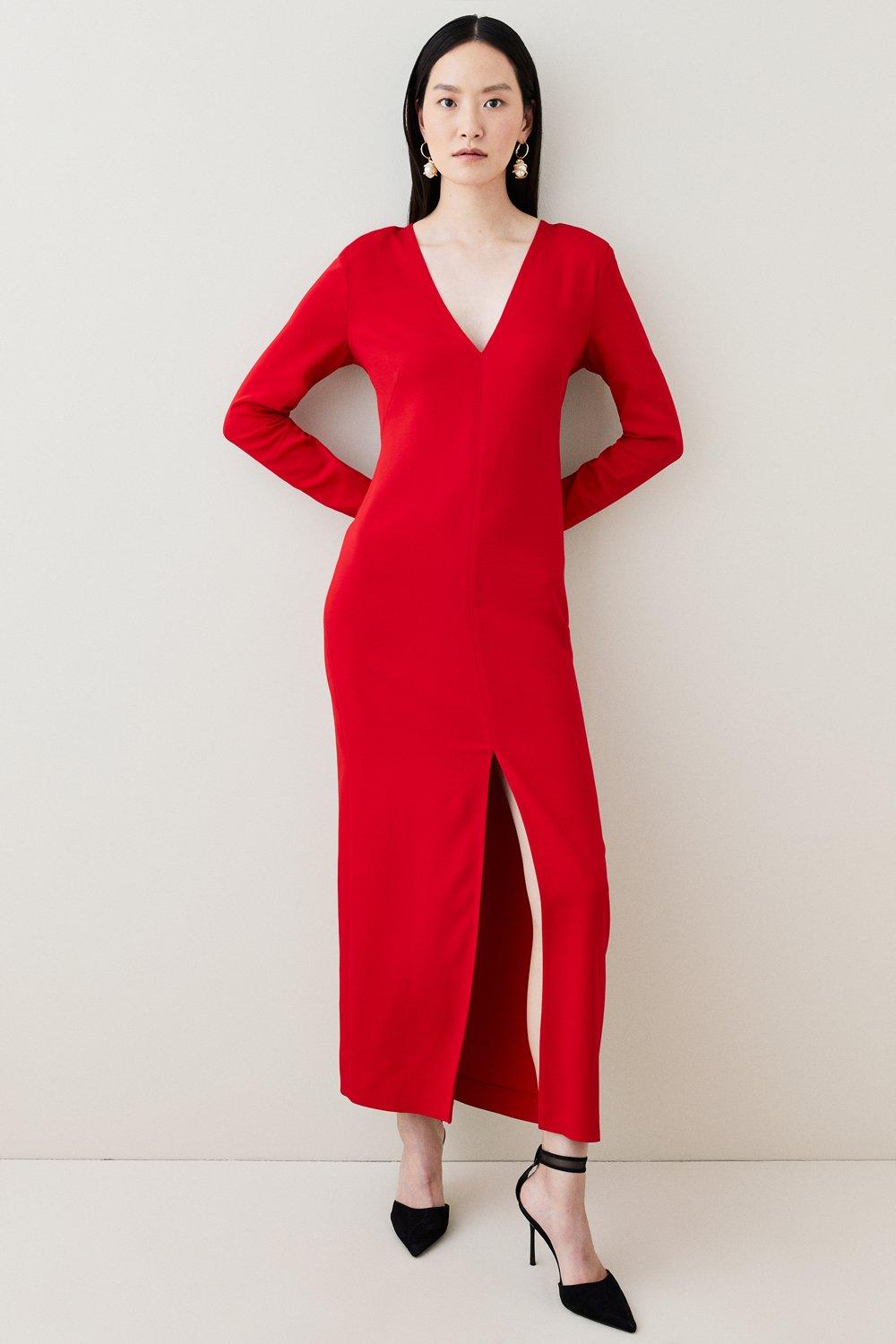 Compact Viscose Long Sleeved Split Front Tailored Maxi Dress