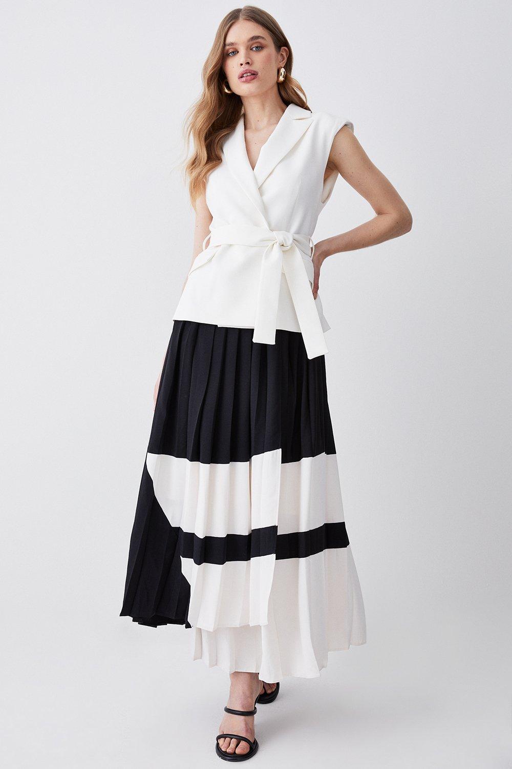 Mono Tailored And Pleat Belted Midi Dress