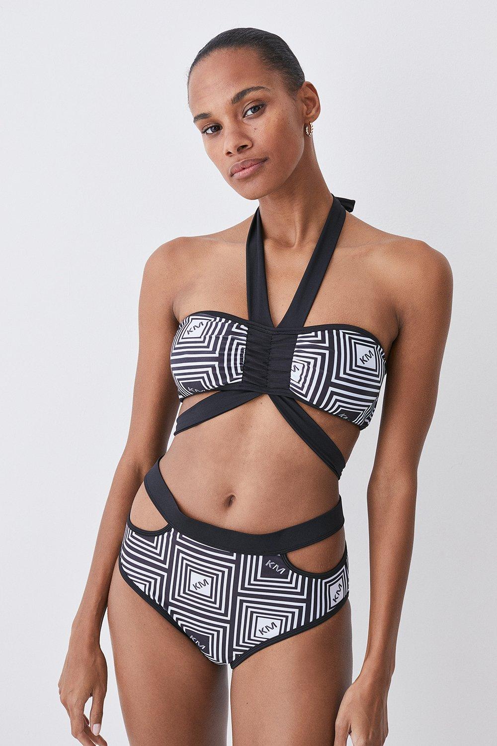 Mono Print Halter Neck Tie Detail Bikini Top