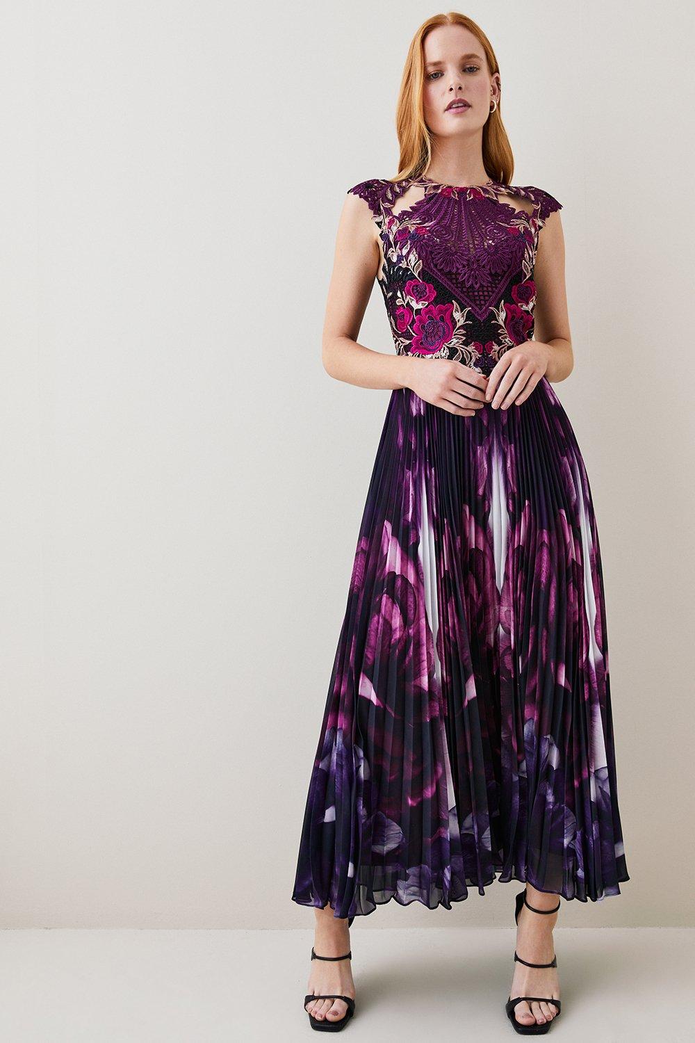 Metallic Guipure Lace Mirrored Pleat Midi Dress