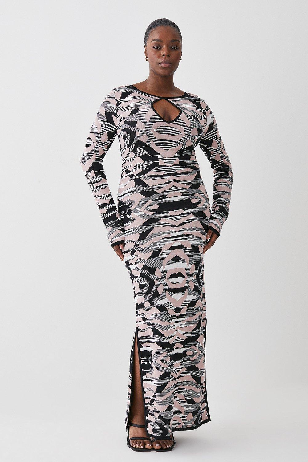 Plus Size Abstract Jacquard Knitted Maxi Column Dress