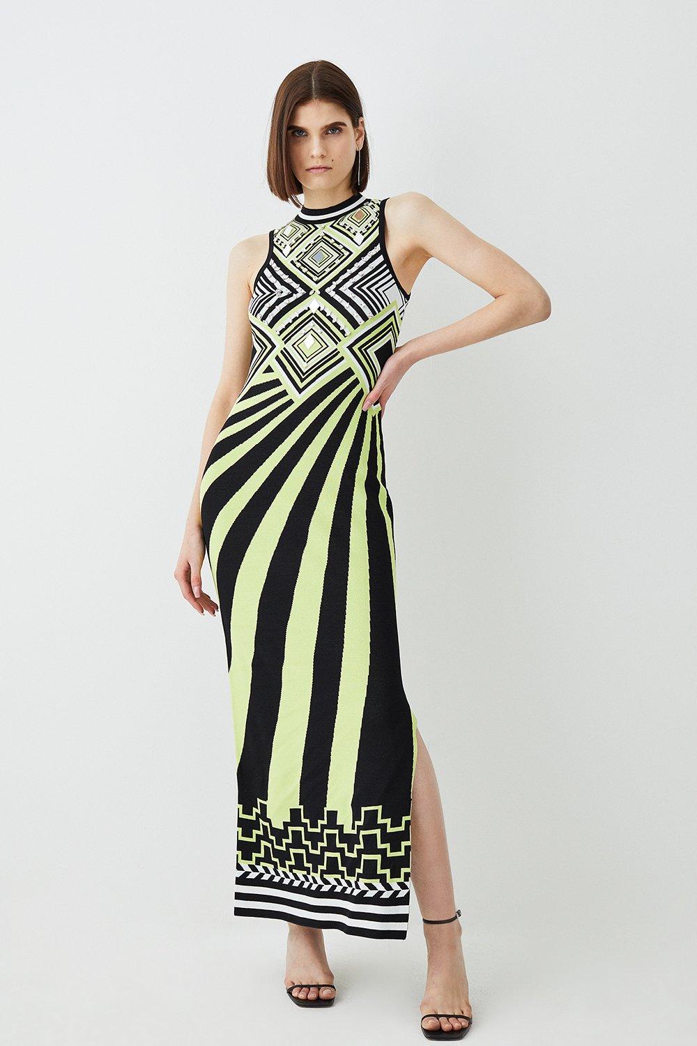 Embellished Stripe Jacquard Knitted Maxi Column Dress