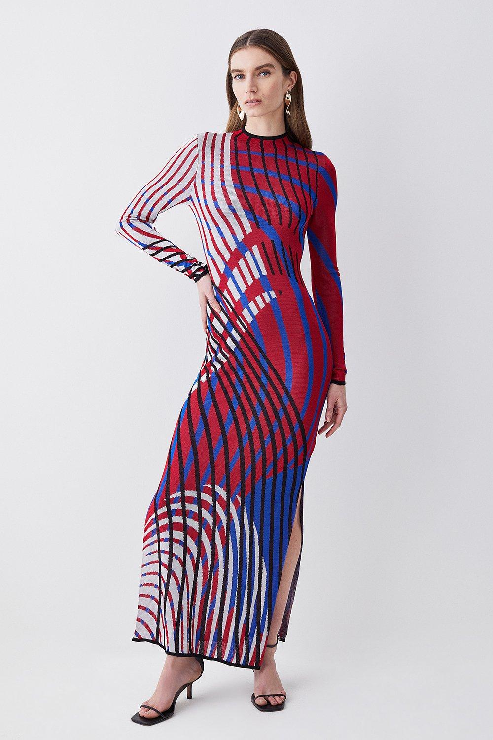 Slinky Jacquard Abstract Knit Maxi Column Dress
