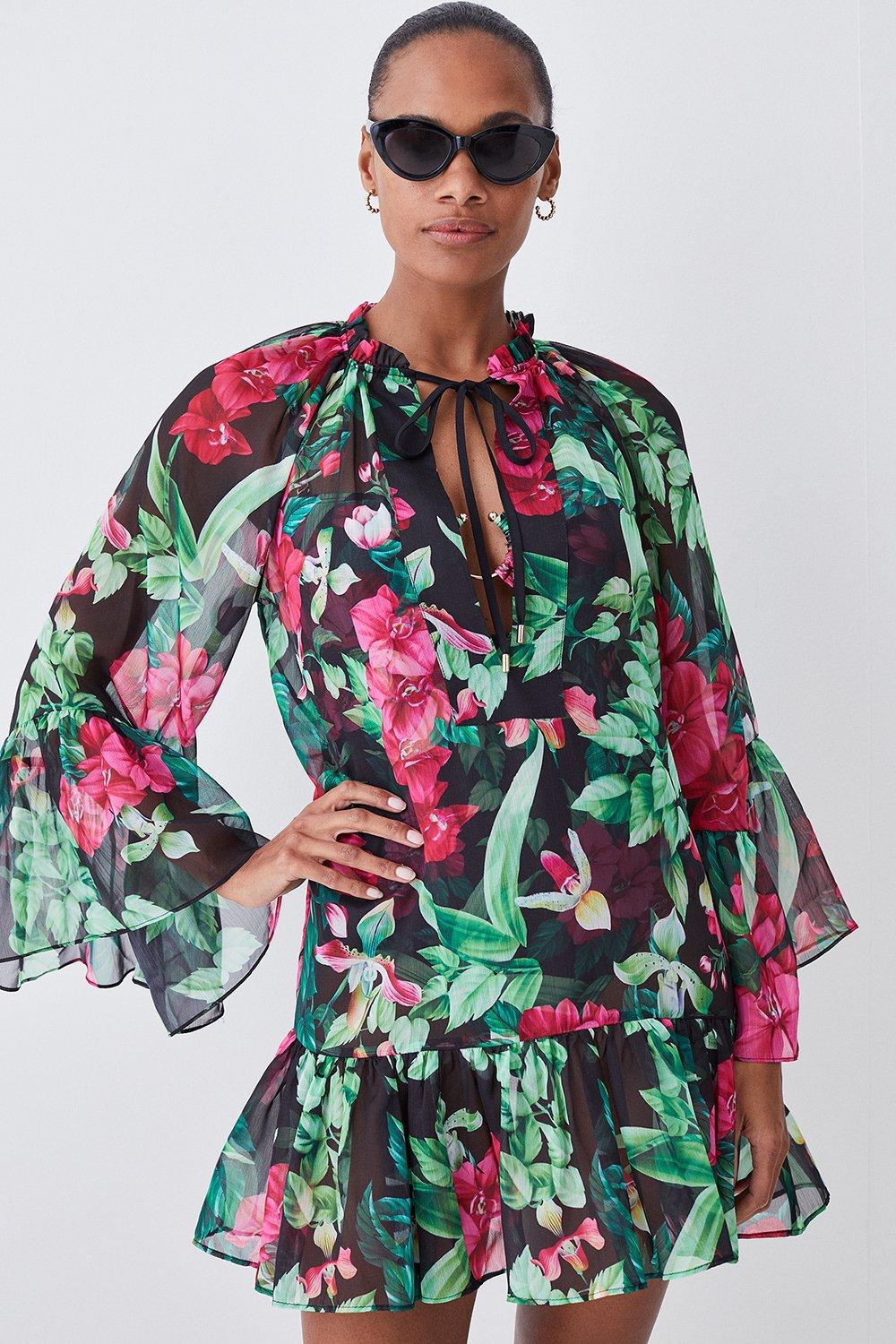 Tropical Printed Shirred Beach Mini Dress