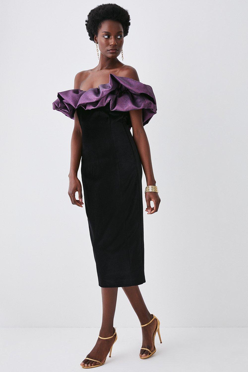 Jacquard Contrast Ruffle Bardot Midi Dress