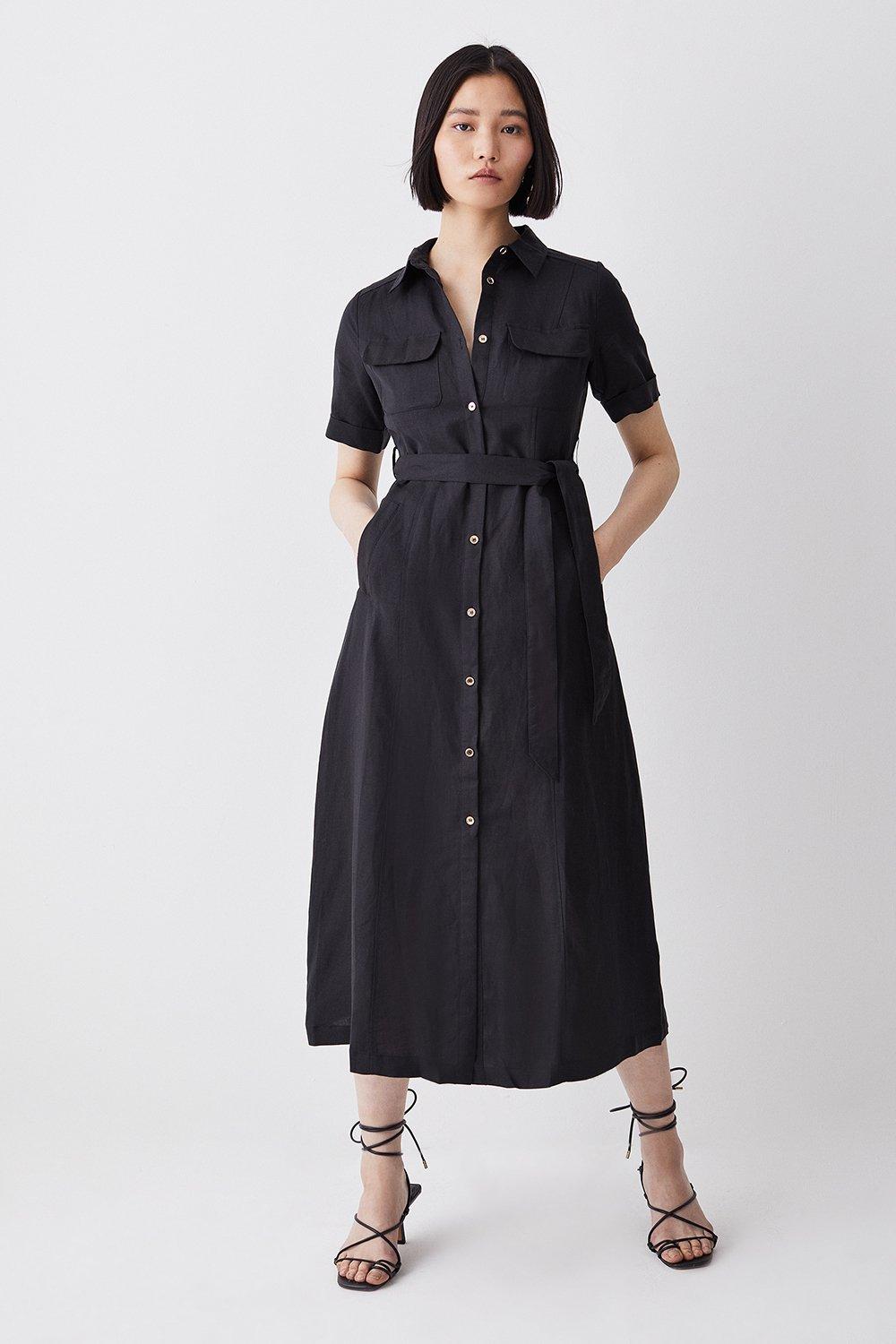 Linen Viscose Woven Midi Shirt Dress