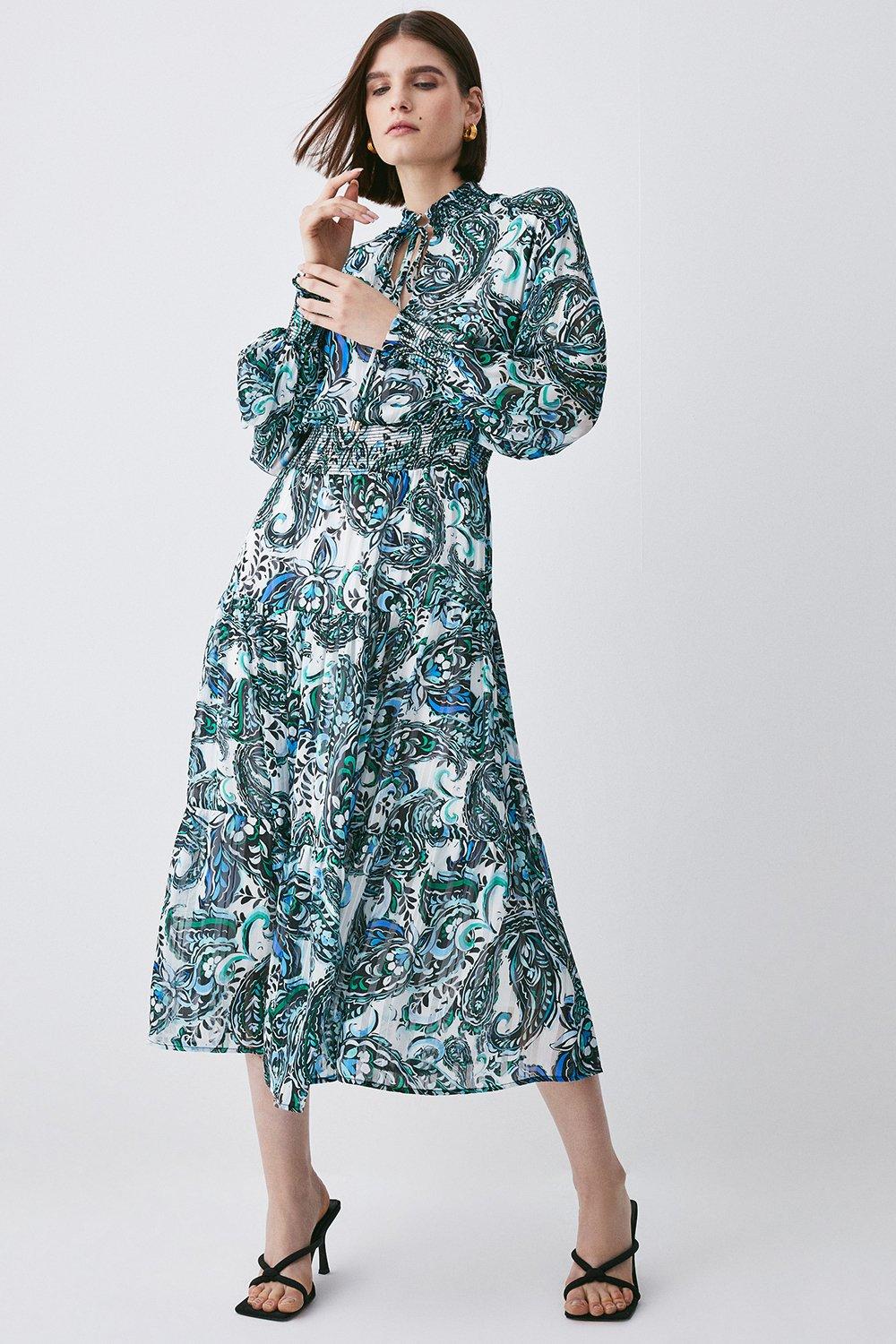 Paisley Shirred Detail Woven Maxi Dress