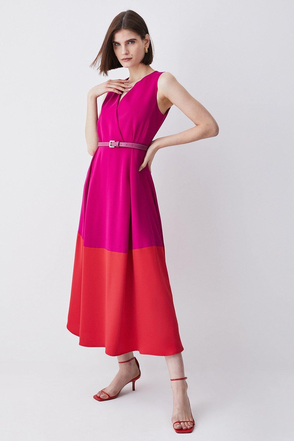 Soft Tailored Full Skirt Belted Colour Block  Midi Dress