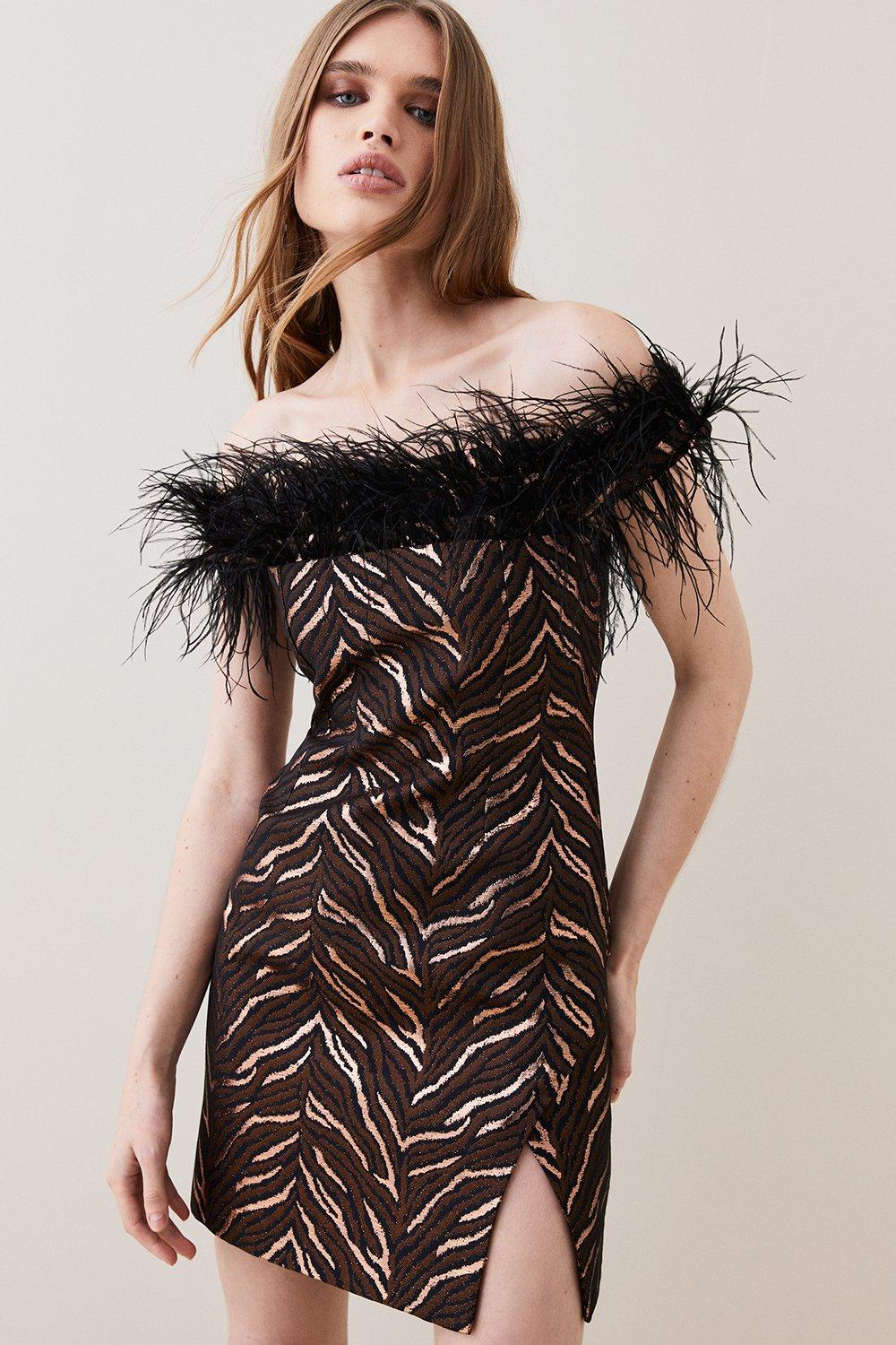 Animal Jacquard Feather Bardot Mini Dress