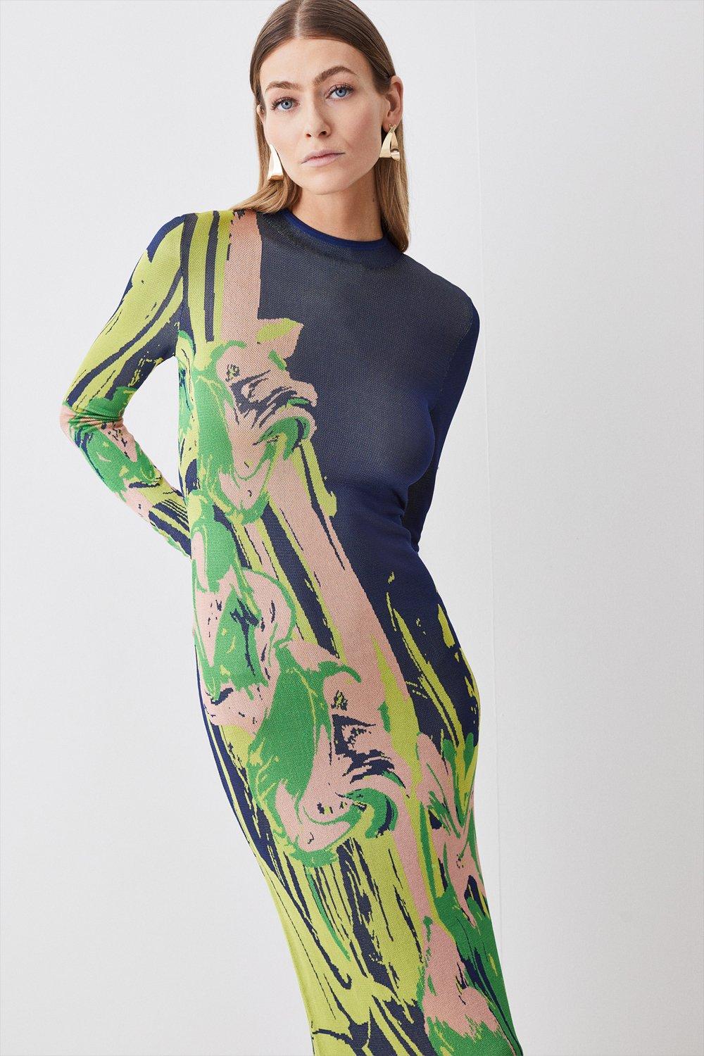 Tall Slinky Jacquard Long Sleeve Knitted Maxi Dress