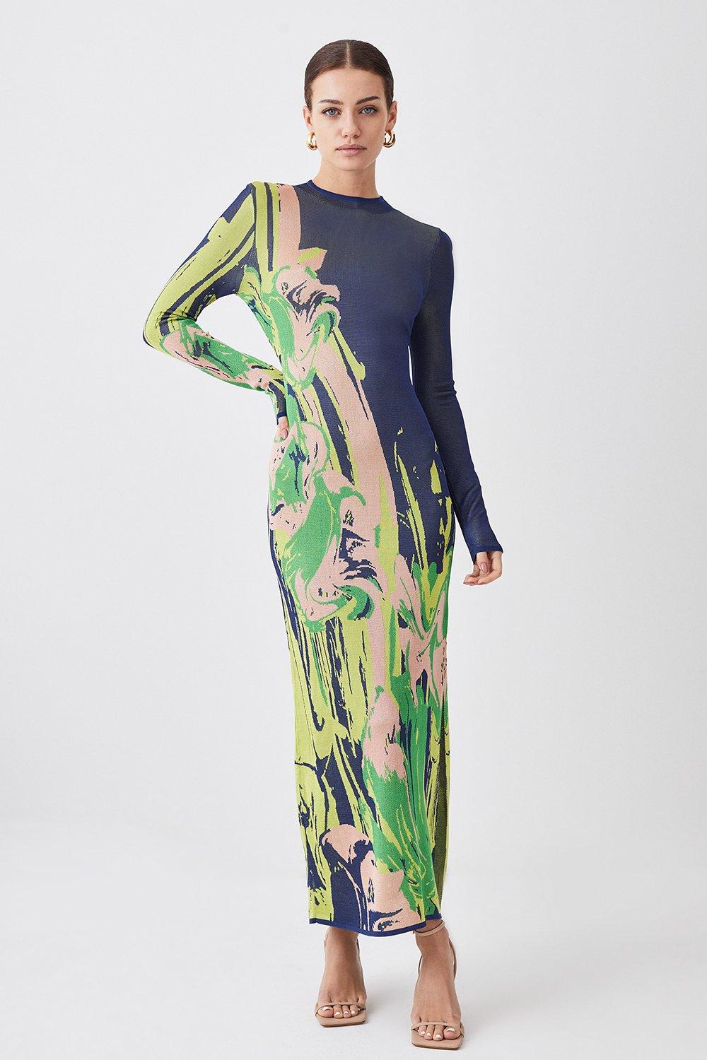 Dresses | Petite Slinky Jacquard Long Sleeve Knitted Maxi Dress ...